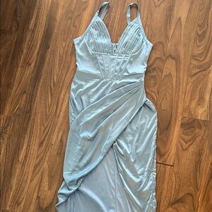 Elegant Backless Satin Dress in Soft Blue